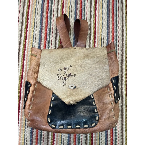 Stunning! Vintage 60s 70s Handmade Buffalo Hide Leather‎ Backpack One Of A Kind! - Picture 1 of 11